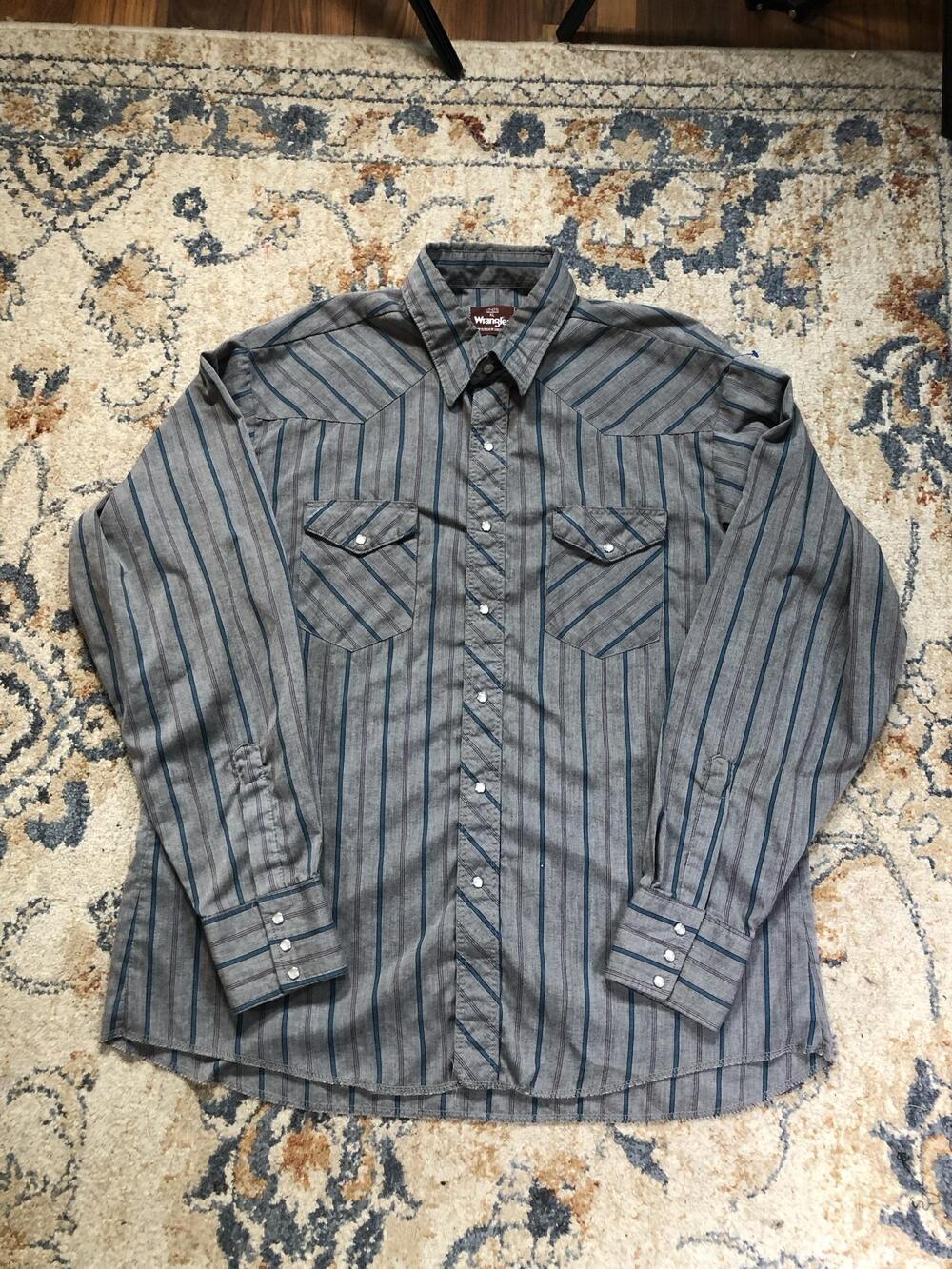 Wrangler Shirt Mens XL Gray Striped Long Sleeve Western Pearl Snap Pockets